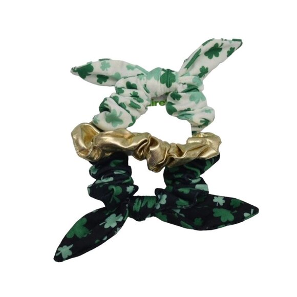 Claire St Patricks Day Hair Scrunchies 3 Pack Shamrocks Gold Lame - Picture 3 of 3